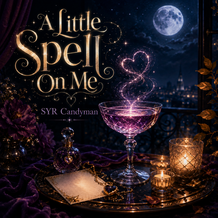 A Little Spell On Me album art - moonlight in a room with a chalice filled with a pink shiny love potion