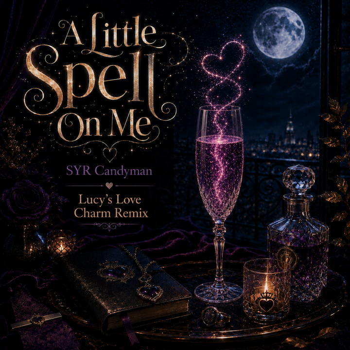 A Little Spell On Me (Lucy's Love Charm Remix) - a moonlit table with a spell book and charm on a table with a champagne flute filled with pink glowing liquid