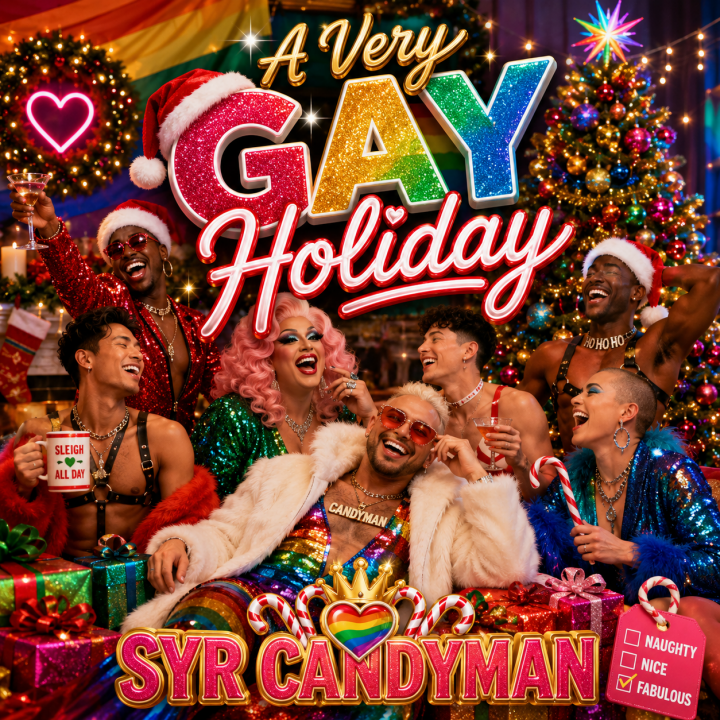 A Very Gay Holiday album cover - a group of friends gathered around a tree with drinks, cocoa, gifts, laughing