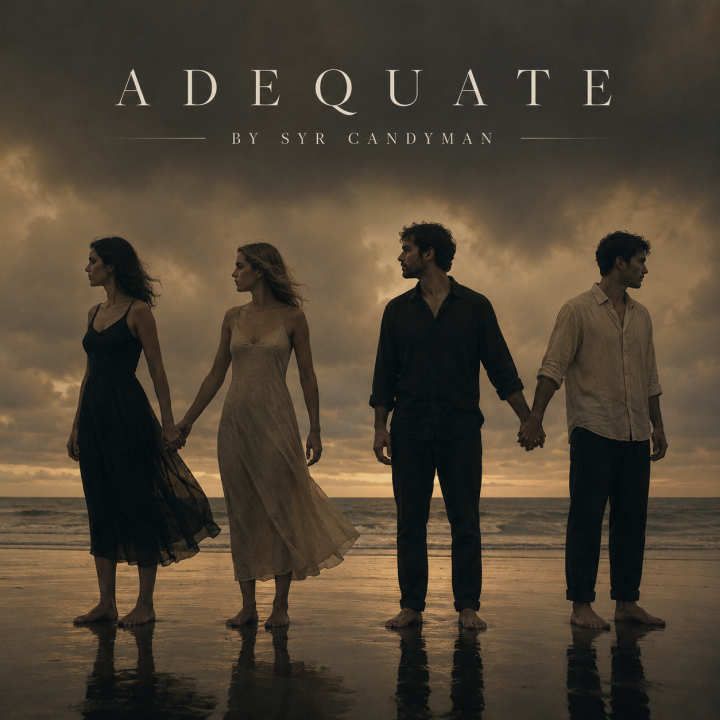 Adequate Album Cover - four individuals on a beach but somehow distant from each other