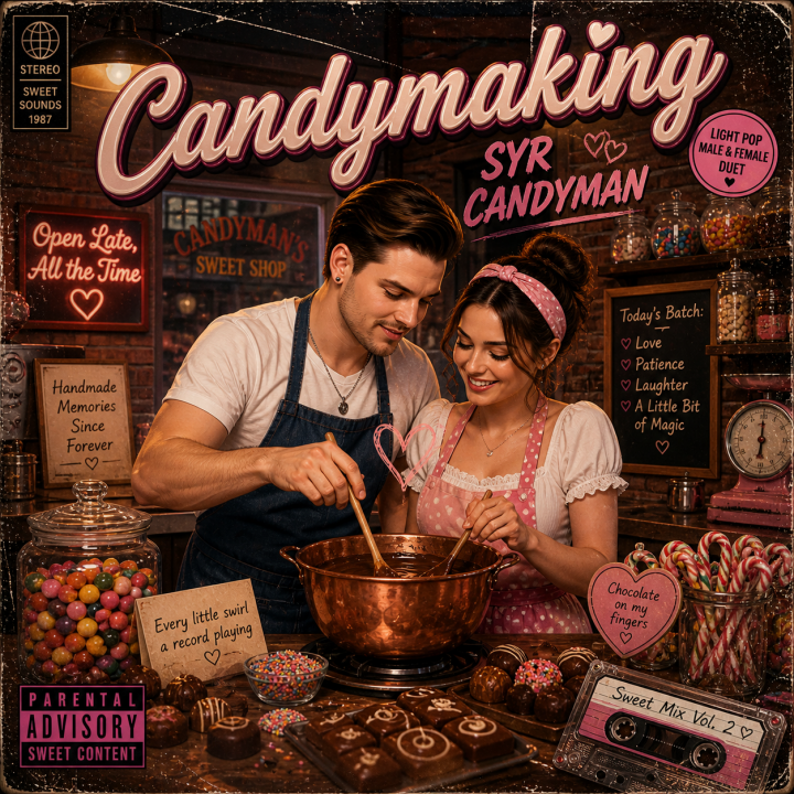 Candymaking album cover - a guy and girl mixing chocolate in a copper pot surrounded by a variety of candy