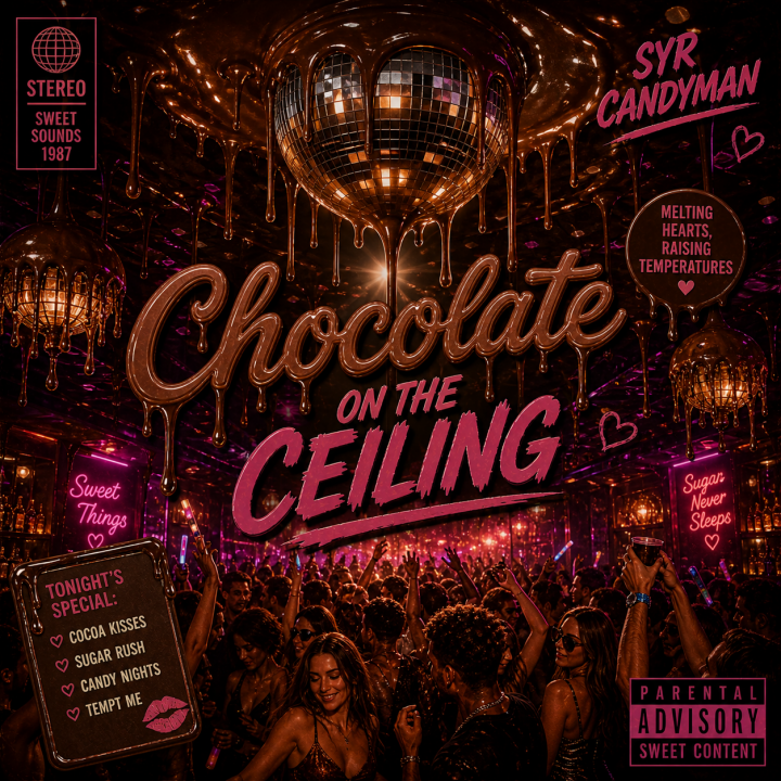 Chocolate On The Ceiling album art - people dancing in a chocolate coated dance club