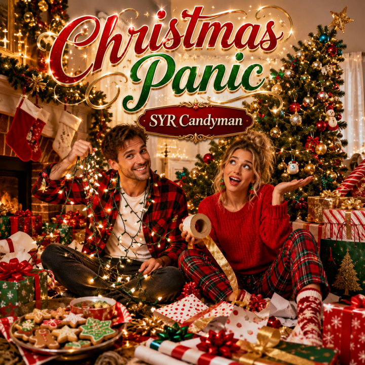 Christmas Panic album cover - a couple on the floor surrounded by wrapping paper, lights and cookies