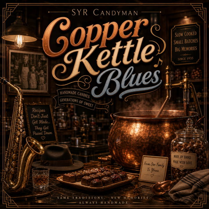 Copper Kettle Blues Album Cover - a copper pot surrounded by photographs, candy, a cocktail, saxophone and fedora