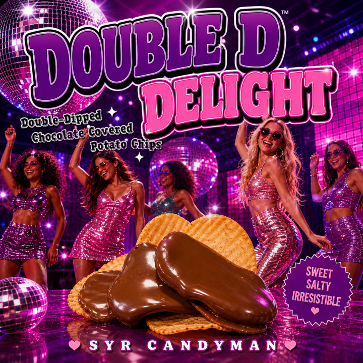 Double D Delight Album art - girls dancing in sequin dresses with double dipped potato chips in the foreground