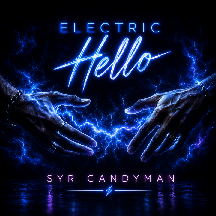 Electric Hello album art - two hand reaching through the darkness with blue lightning passing between them