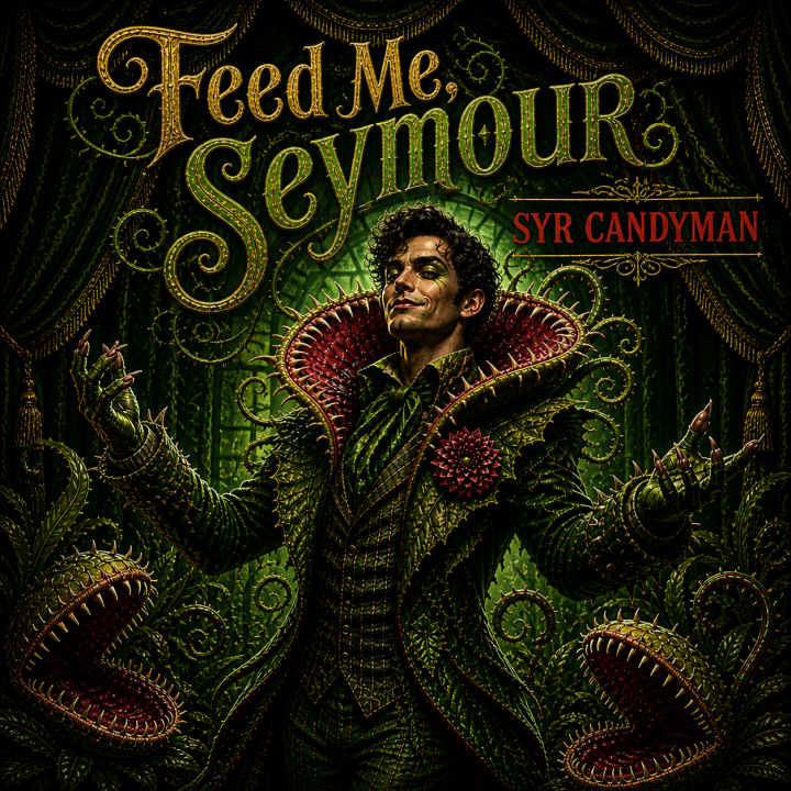 Feed Me, Seymour album art - a man-eating monster surrounded by plants with teeth