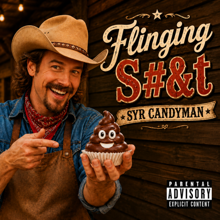 Flinging Shit album art - country man wearing a cowboy hat and holding a Poo emoji