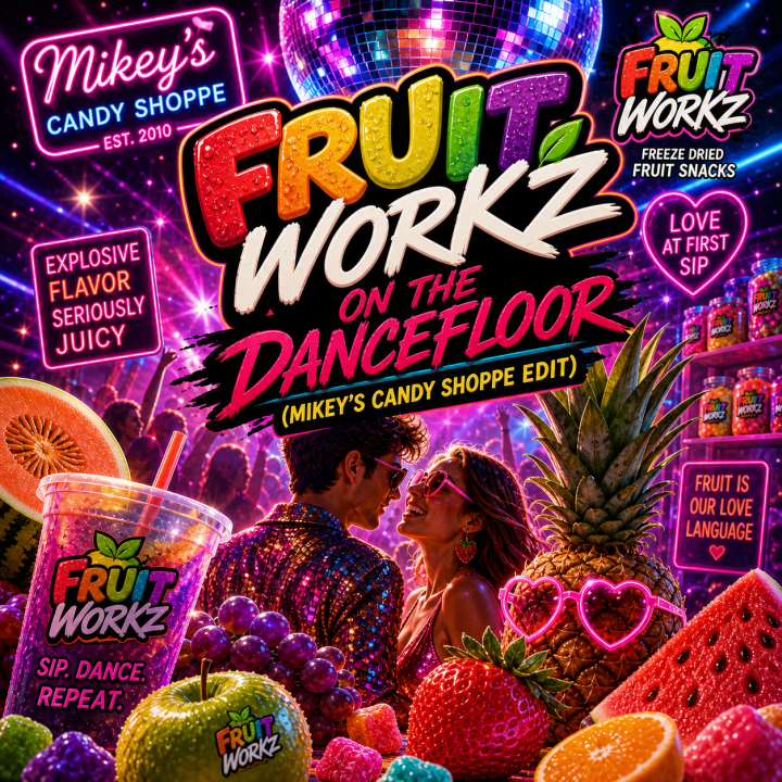 Fruit Workz on the Dancefloor (Mikey's Candy Shoppe Edit) Album Cover - people dancing in a club wearing sunglasses with various fruits and mirrorballs