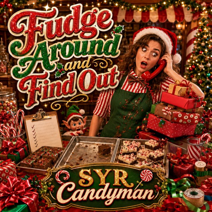 Fudge Around and Find Out album cover overworked associate on the phone with an empty tray of fudge