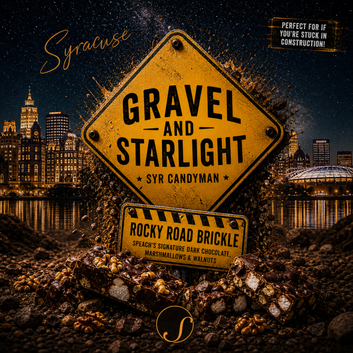 Gravel & Starlight Album Cover - Road work sign with Syracuse skyline in the background