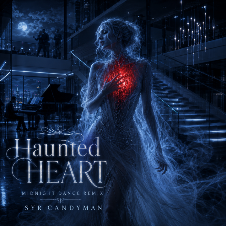 Haunted Heart (Midnight Dance Remix) album cover a modern mansion with a ghostly female with a glowing red heart