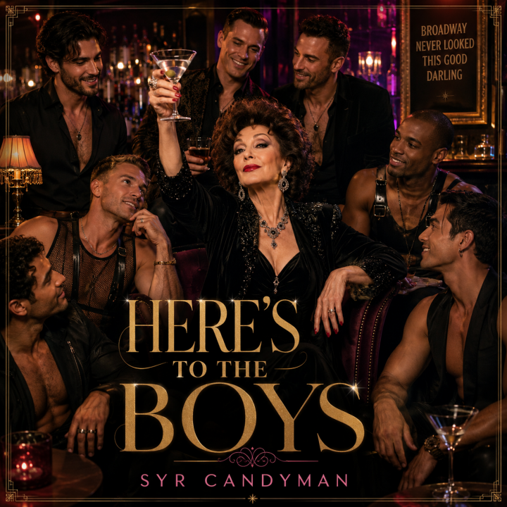 Here's To The Boys album art - a woman cheering surrounded by beautiful men in a bar