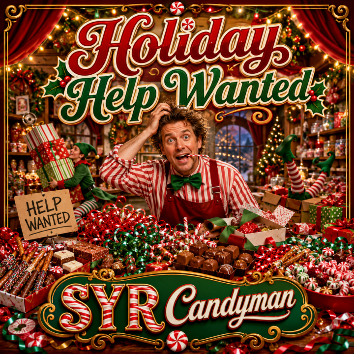 Holiday Help Wanted album cover - tired and overworked store assistant surrounded by ribbons and candy