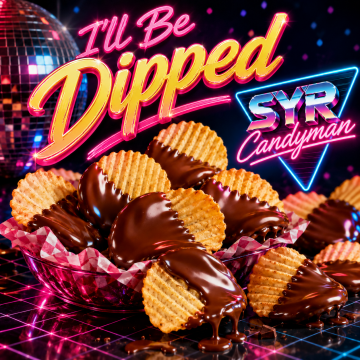 I'll Be Dipped Album Cover - 80s vibe with chocolate dipped potato chips