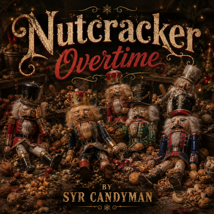 Nutcracker Overtime album art - a pile of tired nutcrackers surrounded by empty shells