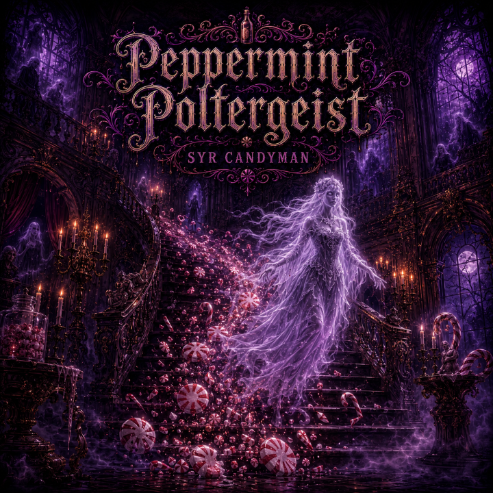 Peppermint Poltergeist album art - a spectral woman floating down a staircase with peppermint candies on the stairs