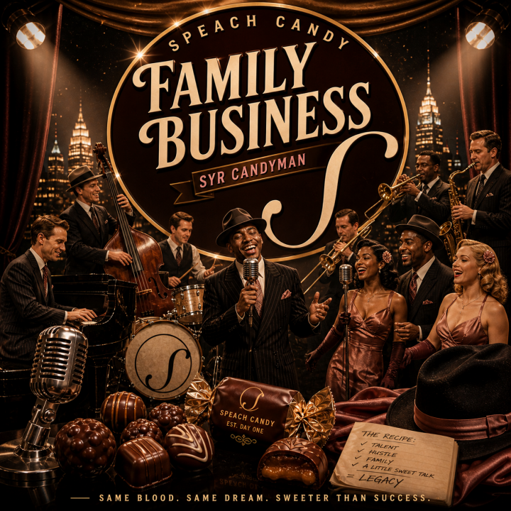 Speach Candy Family Business Album Cover - big band and singers surrounding a pile of chocolates