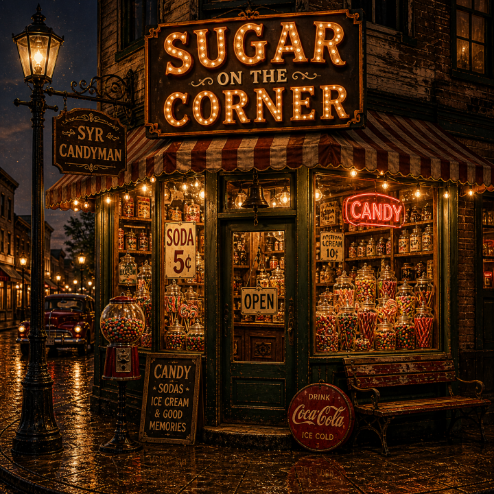 Sugar On The Corner Album art image of an old-fashioned corner candy store at night