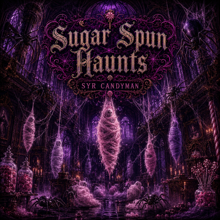 Sugar spun haunts album art - spiders and cacoons hanging from the ceiling that look like cotton candy