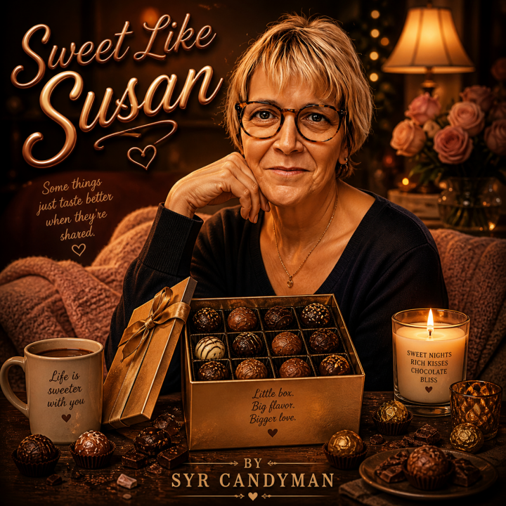 Sweet Like Susan Album Cover - picture of the candymaker wuth a box of truffles