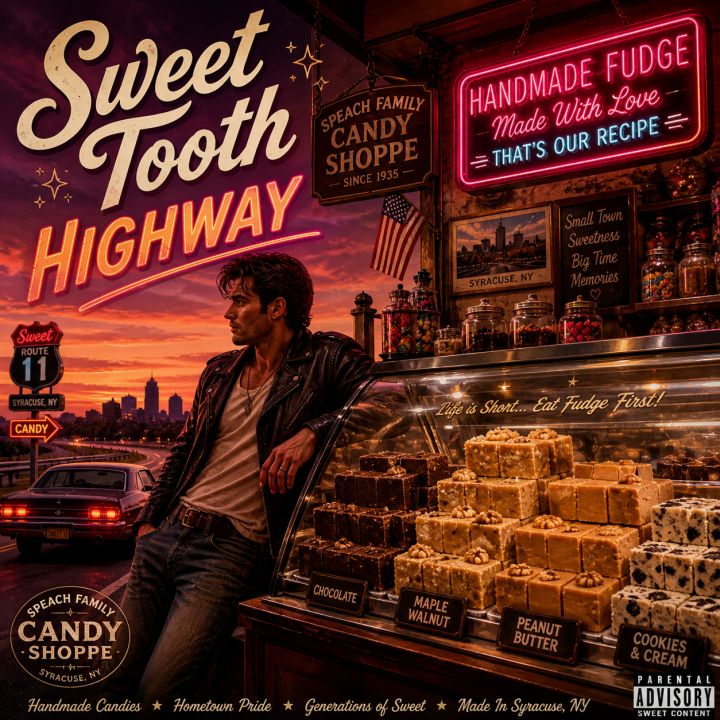 Sweet Tooth Highway Album Cover - leather jacket guy hanging out at the fudge case in a candy store