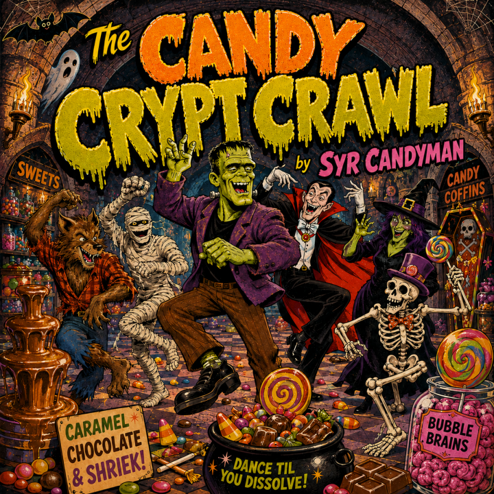 The Candy Crypt Crawl album art - various monsters dancing in a castle crypt surrounded by candy