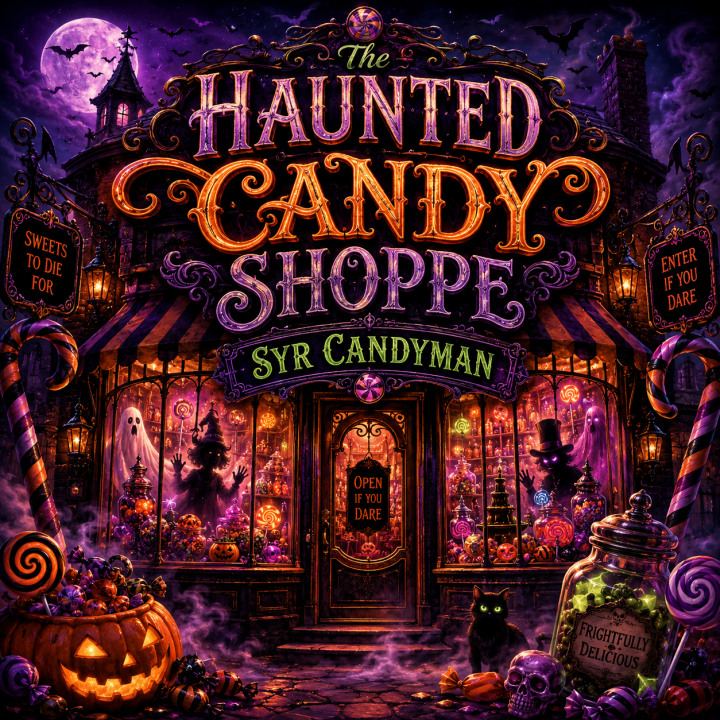 The Haunted Candy Shoppe album art - a creepy night scene with a candy shoppe