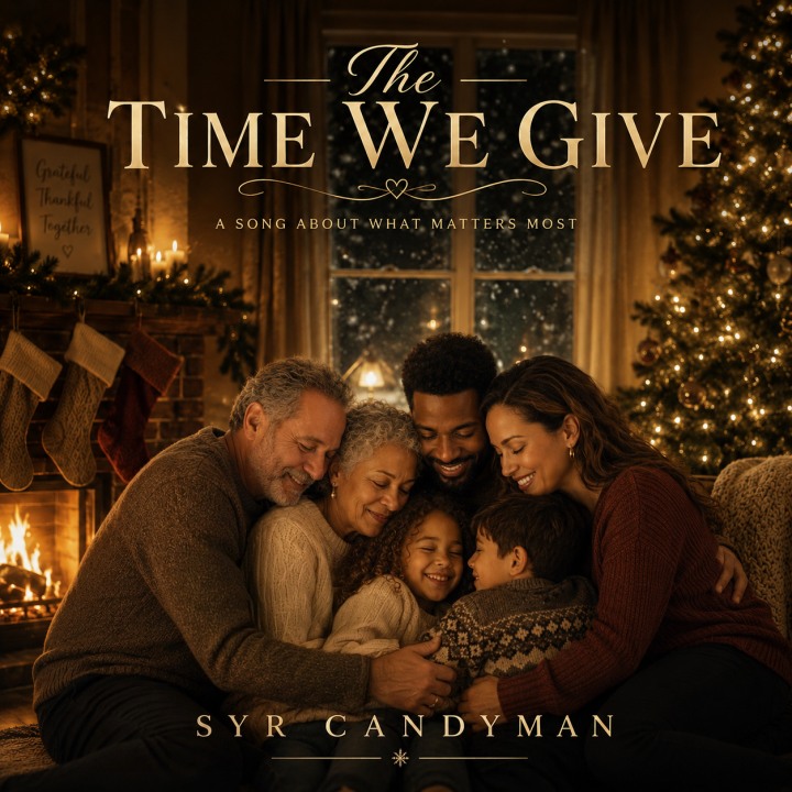 The Time We Give album art - family embraced with fireplace and Christmas tree