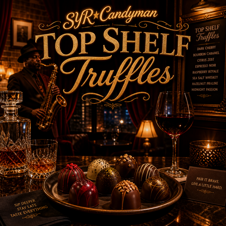 Top Shelf Truffles Album Cover featuring truffles with wine glass rocks glasses and a saxophone player.