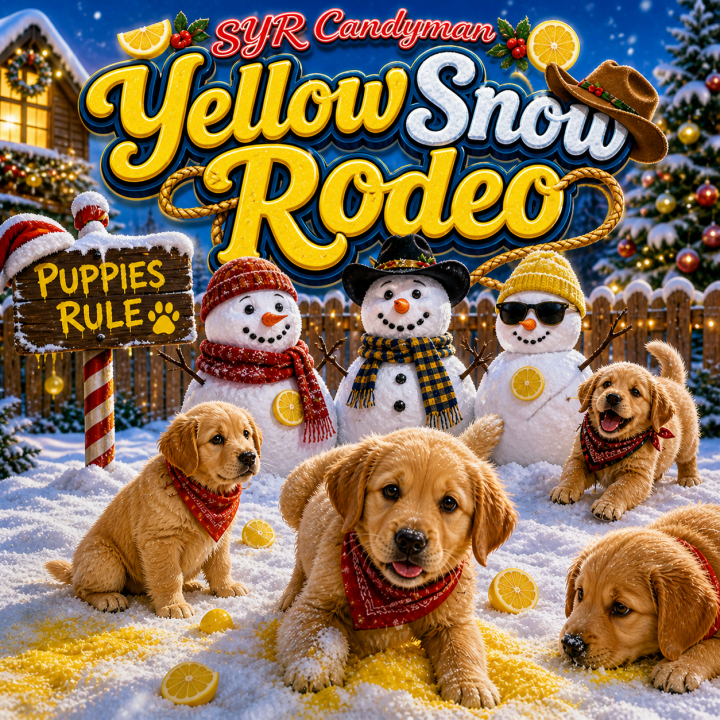 Yellow Snow Rodeo album art - puppies playing in the snow with yellow patches, lemons and snowmen in the background