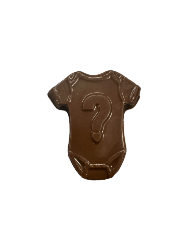 chocolate baby onesie with question mark on front