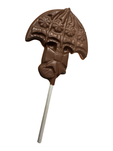 chocolate umbrella with bow around handle on lollipop stick