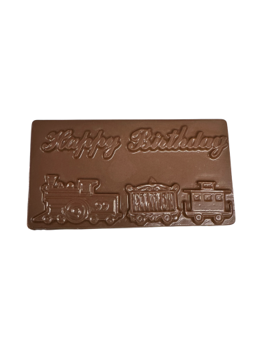 happy birthday on chocolate card with cartoon train