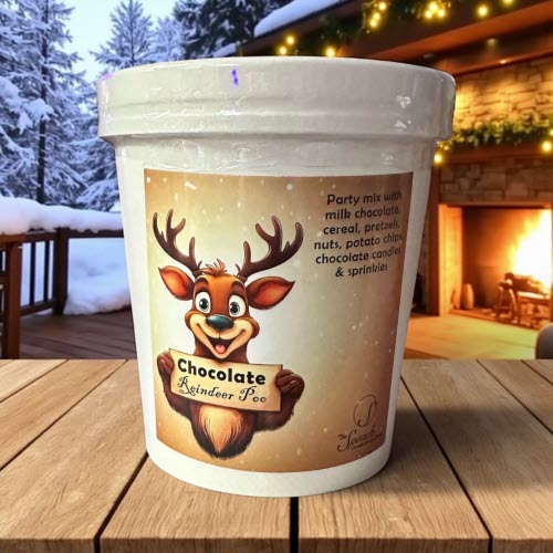 Reindeer Poo container on wooden countertop with snow and fireplace in the background