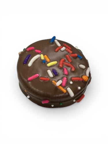 Chocolate Covered Cream Filled Cookie with rainbow jimmie sprinkles
