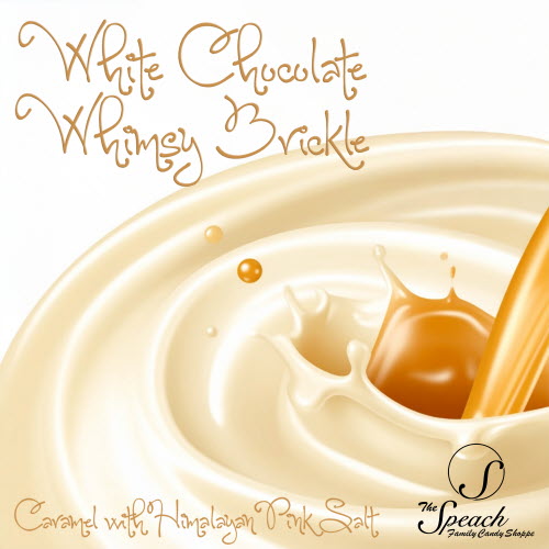 White Chocolate Whimsy Brickle label - liquid caramel being poured into melted white chocolate