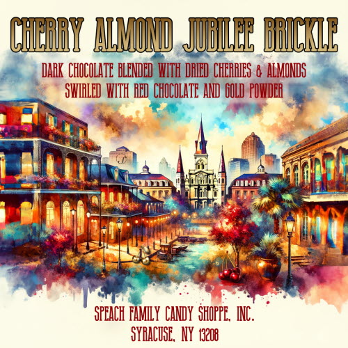 cherry almond jubilee brickle label city street in new orleans watercolors