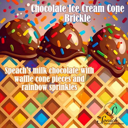 Ice Cream Cone Brickle Label - stained glass grid with graphic of chocolate ice cream scoops and rainbow sprinkles