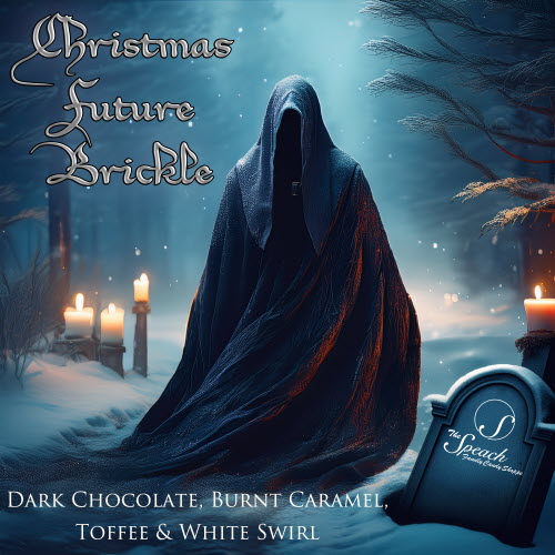 Christmas Future Brickle Label - Dark figured cloaked in a snowy cemetery scene with candles