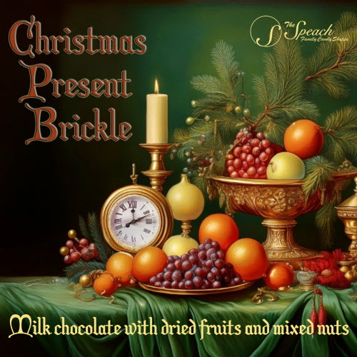 Christmas Present Brickle label - table fill with fruits, nuts, fir tree branches and clock and candle in gold goblets with a rich green tablecloth