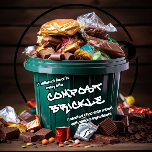 Compost Brickle label for package green pail overflowing with candy and chocolate