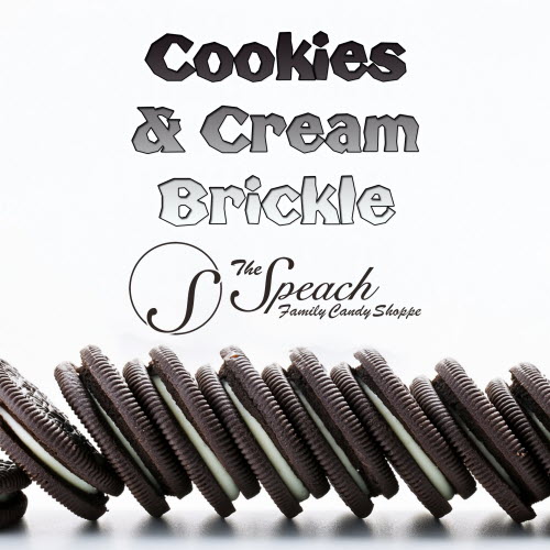 cookies and cream brickle label - stack of oreos on their sides falling like dominos