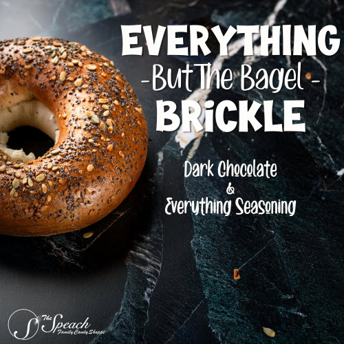 Everything But The Bagel Brickle Label - an everything bagel on a black marble counter
