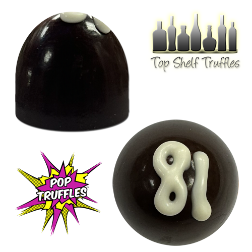 top view and side view of Ilya Truffle - dark chocolate with a white chocolate 81 on top