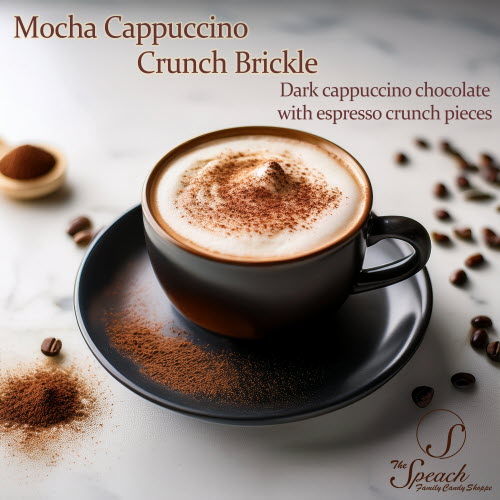 Mocha Cappuccino Crunch Brickle label - black coffee cup with saucer filled with frothy cappuccino dusted with cocoa on white counter surrounded by coffee beans and cocoa powder
