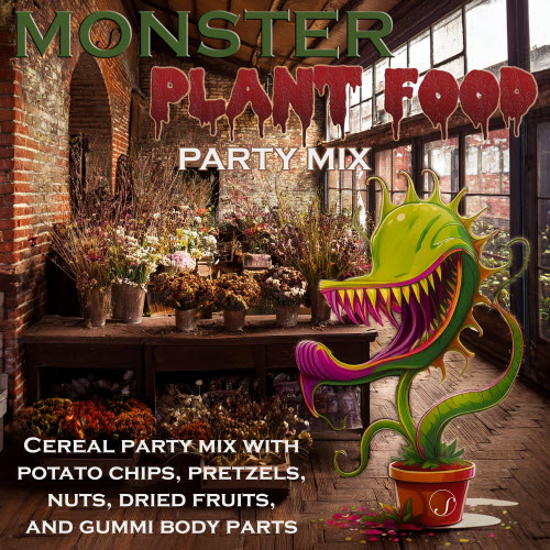 Monster Plant Food label - overgrown green house with cartoon alien plant