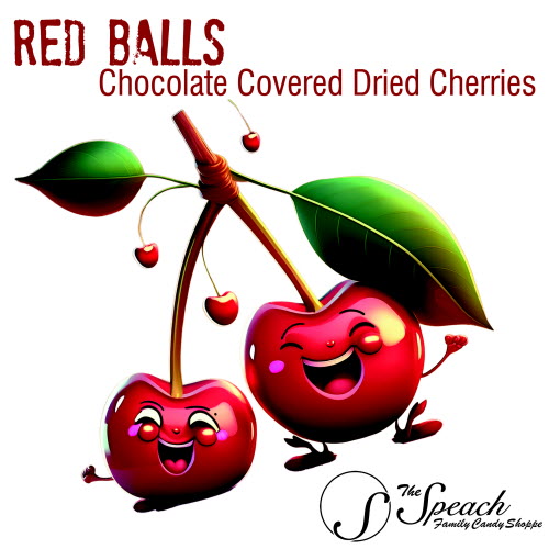 Red Balls Label - two laughing cartoon cherries