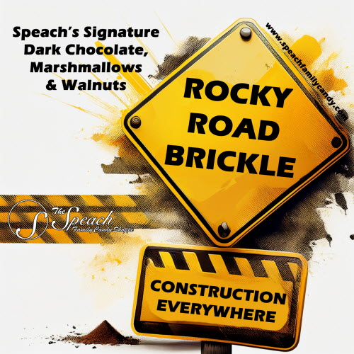 Rocky Road Brickle label - Yellow hazard sign and tape that says "Rocky Road Brickle" "Construction Everywhere"