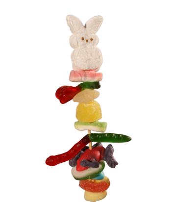 Gummi kabob topped with bunny marshmallow
